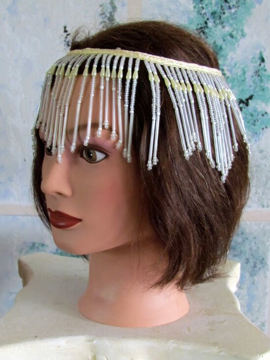 ROARING 20s BEADED CAP w LONG BEAD FRINGE + BEADED HEADBAND for FLAPPER COSTUMES main image 5